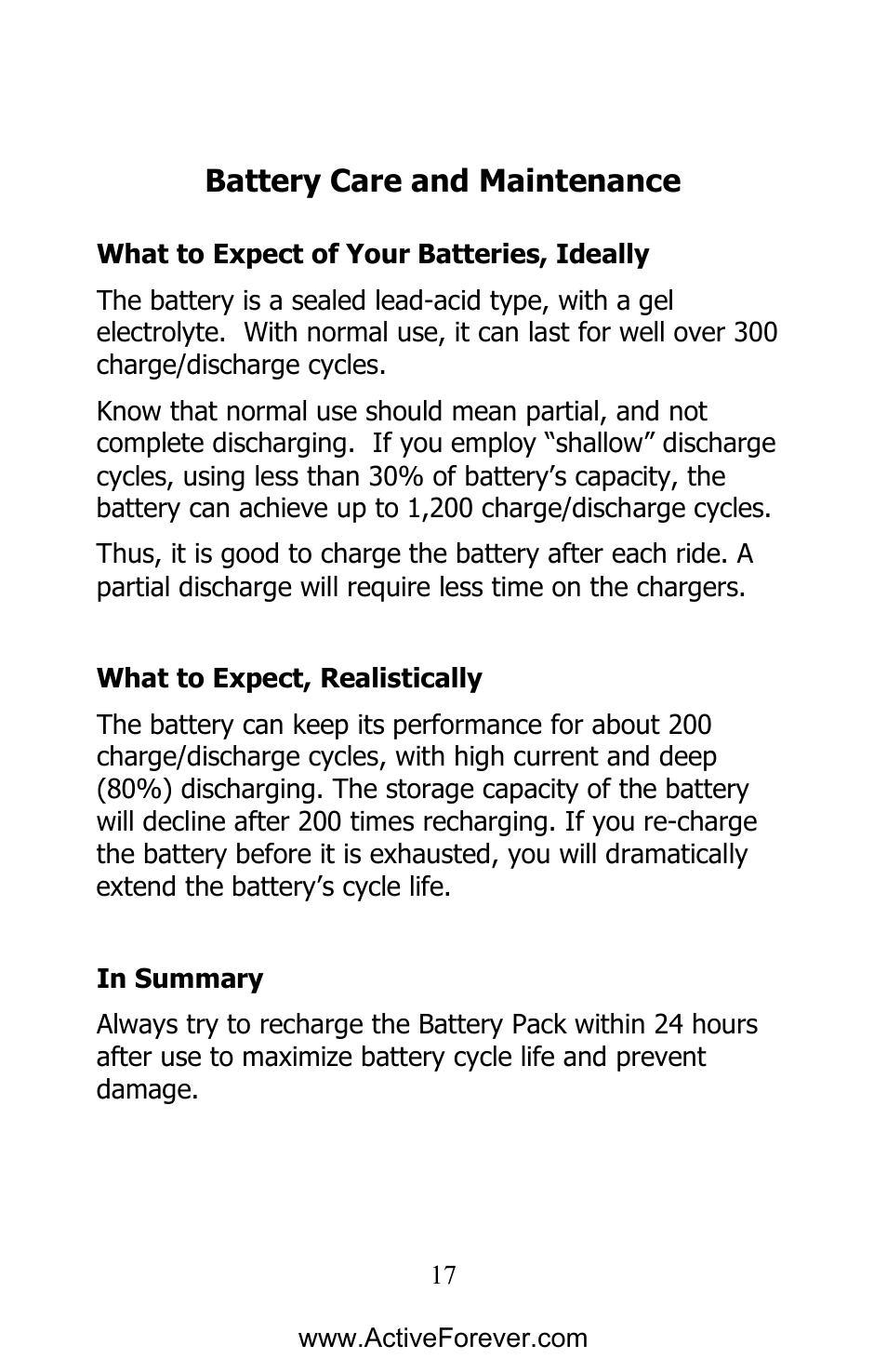 Battery care and maintenance | Activeforever EWheels EW-66 2 Passenger Mobility Scooter User Manual | Page 18 / 27