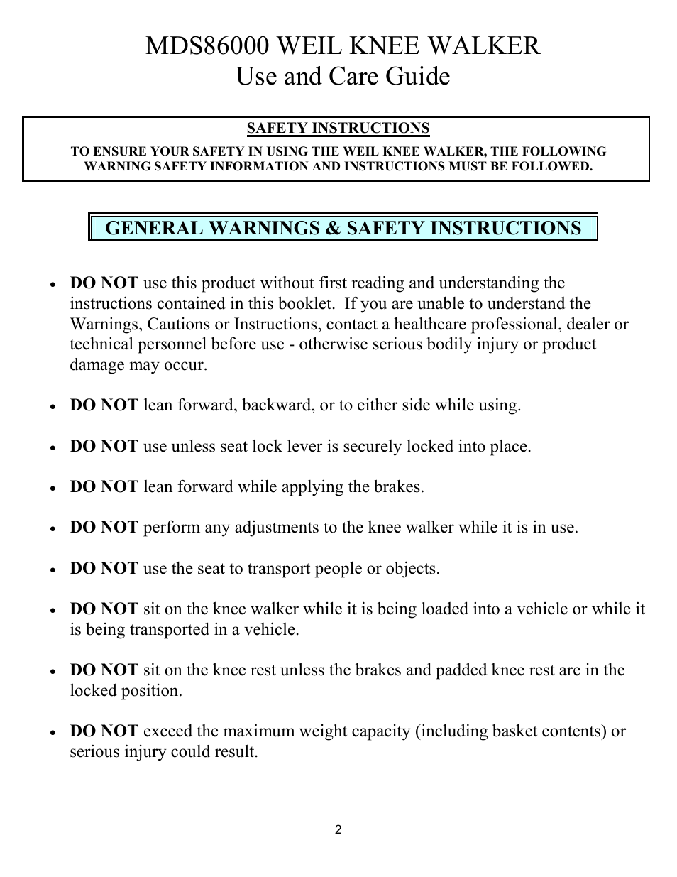 General warnings & safety instructions | Activeforever Weil Knee Scooter User Manual | Page 2 / 7