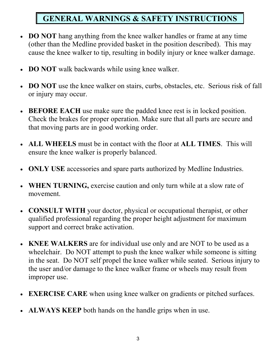 General warnings & safety instructions | Activeforever Weil Knee Scooter User Manual | Page 3 / 7