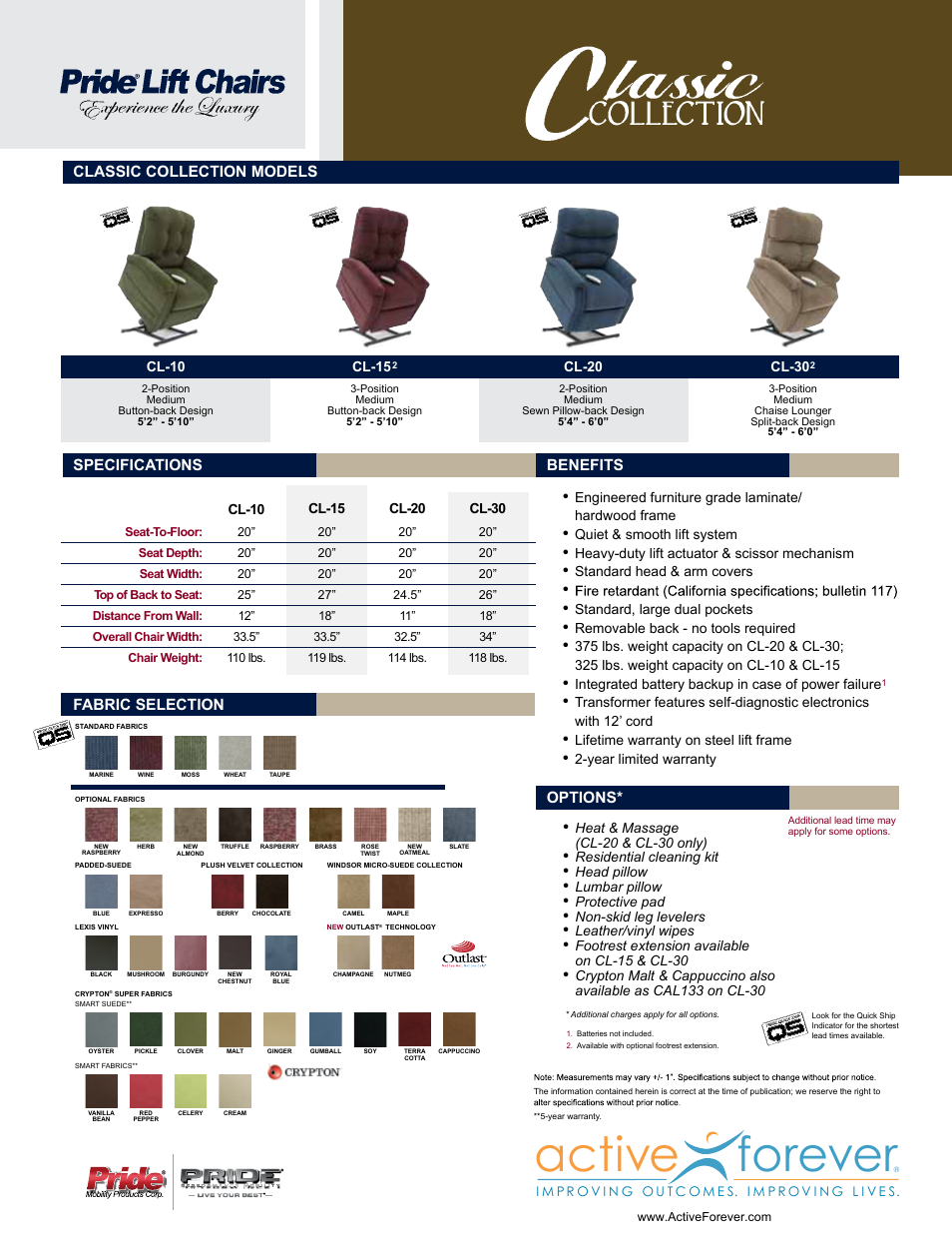 Active forever, Classic collection models specifications benefits, Options | Fabric selection | Activeforever Pride Lift Chair Classic Collection 2 Position User Manual | Page 2 / 2