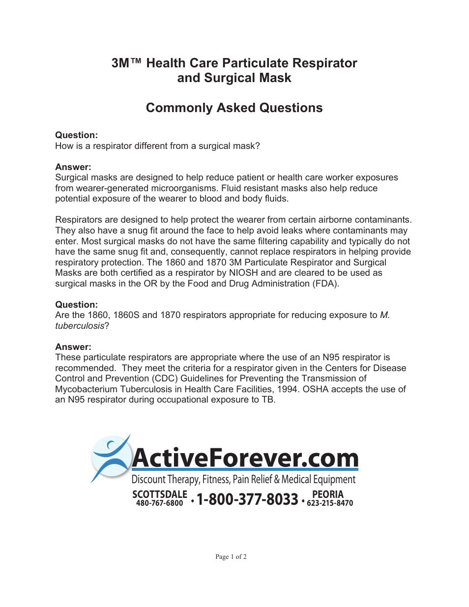 Activeforever 3M N95 Respirator Surgical Masks 1860 User Manual | 2 pages