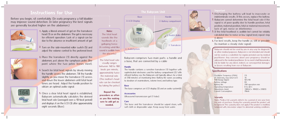 Instructions for use, The babycom unit | Activeforever Babycom Home Doppler Fetal Heartbeat Monitor User Manual | Page 2 / 2