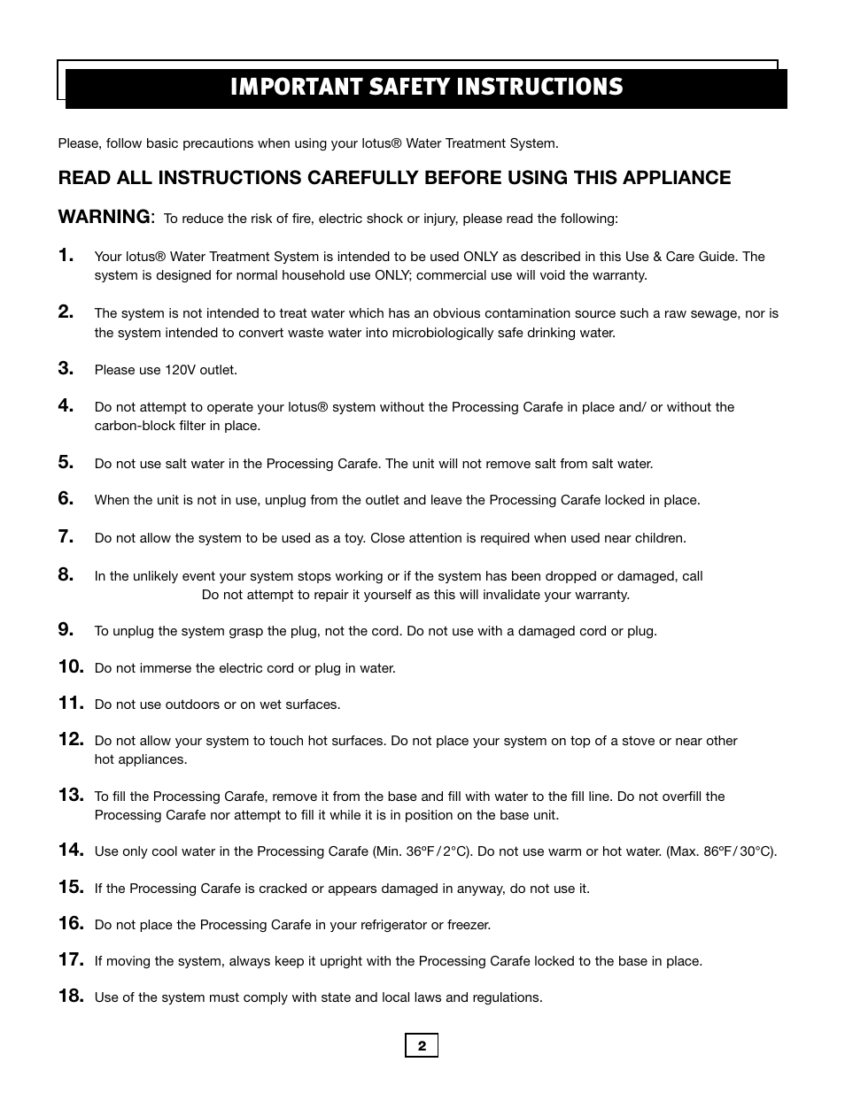 Important safety instructions | Activeforever Lotus Water Treatment System (Replacement Filter) User Manual | Page 4 / 18