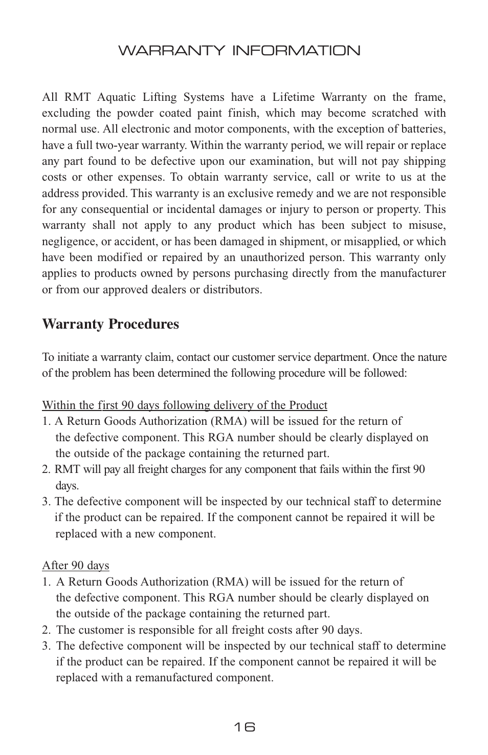 Warranty procedures | Activeforever AXS Semi Portable Aquatic Pool Lift User Manual | Page 16 / 20