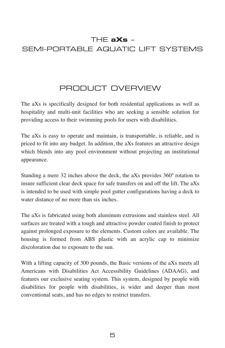 Product overview | Activeforever AXS Semi Portable Aquatic Pool Lift User Manual | Page 5 / 20
