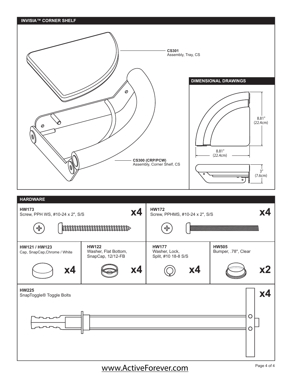 X2 x4 x4 | Activeforever Invisia Collection Corner Shelf with Support Rail User Manual | Page 4 / 4