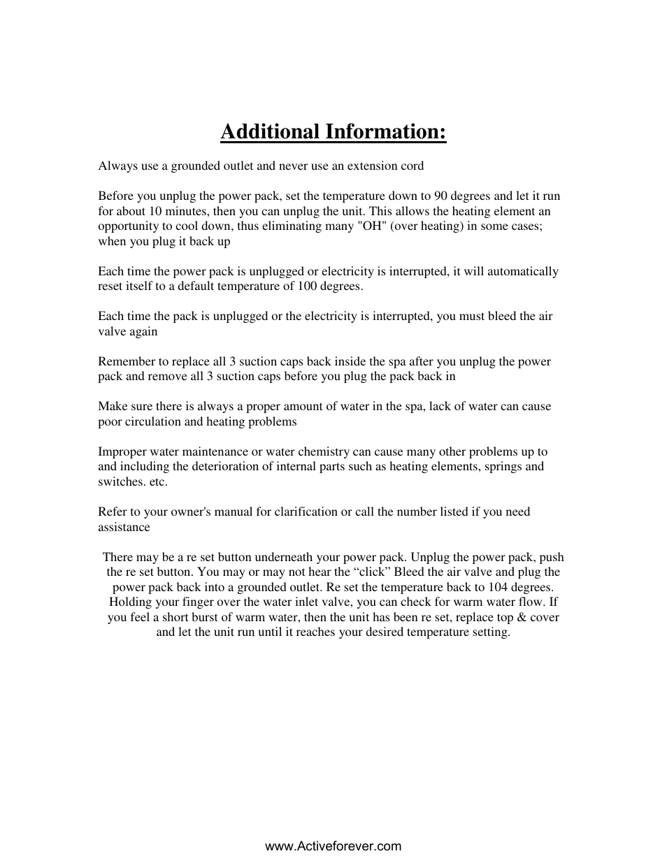 Microsoft word - additional information, Additional information | Activeforever Spa2Go Portable Spa (Blue) User Manual | Page 11 / 11