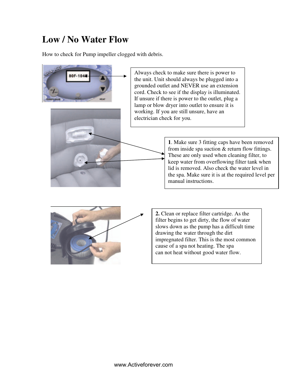 Microsoft word - low no water flow, Low / no water flow | Activeforever Spa2Go Portable Spa (Blue) User Manual | Page 3 / 11