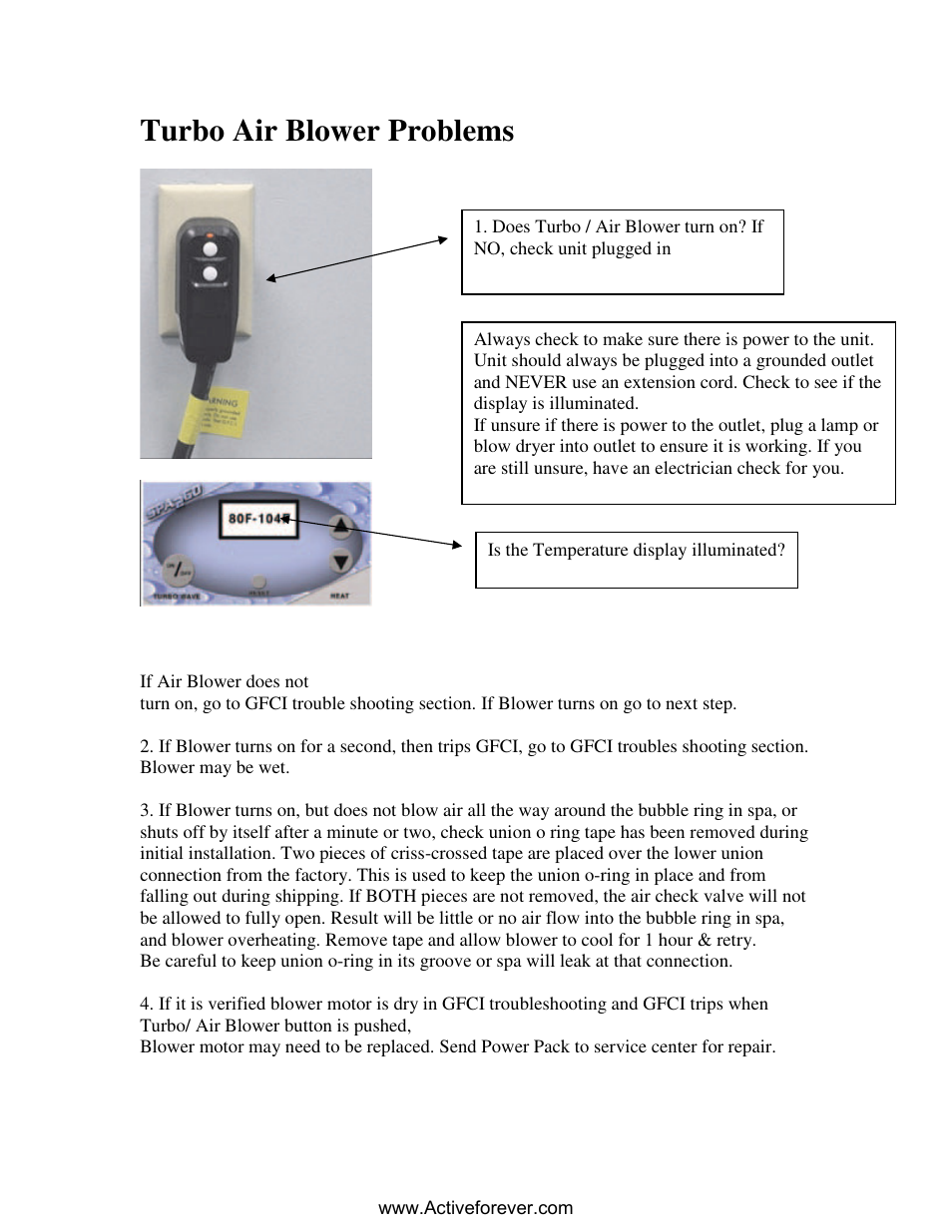 Microsoft word - turbo air blower problems, Turbo air blower problems | Activeforever Spa2Go Portable Spa (Blue) User Manual | Page 9 / 11