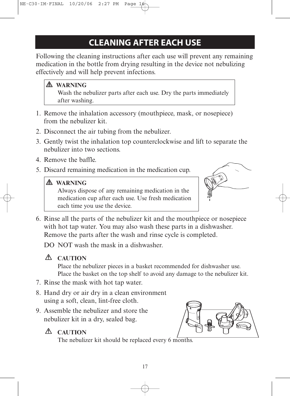 Care and maintenance, Cleaning after each use | Activeforever Omron CompAir Elite Portable Compressor Nebulizer NE-C30 User Manual | Page 17 / 26