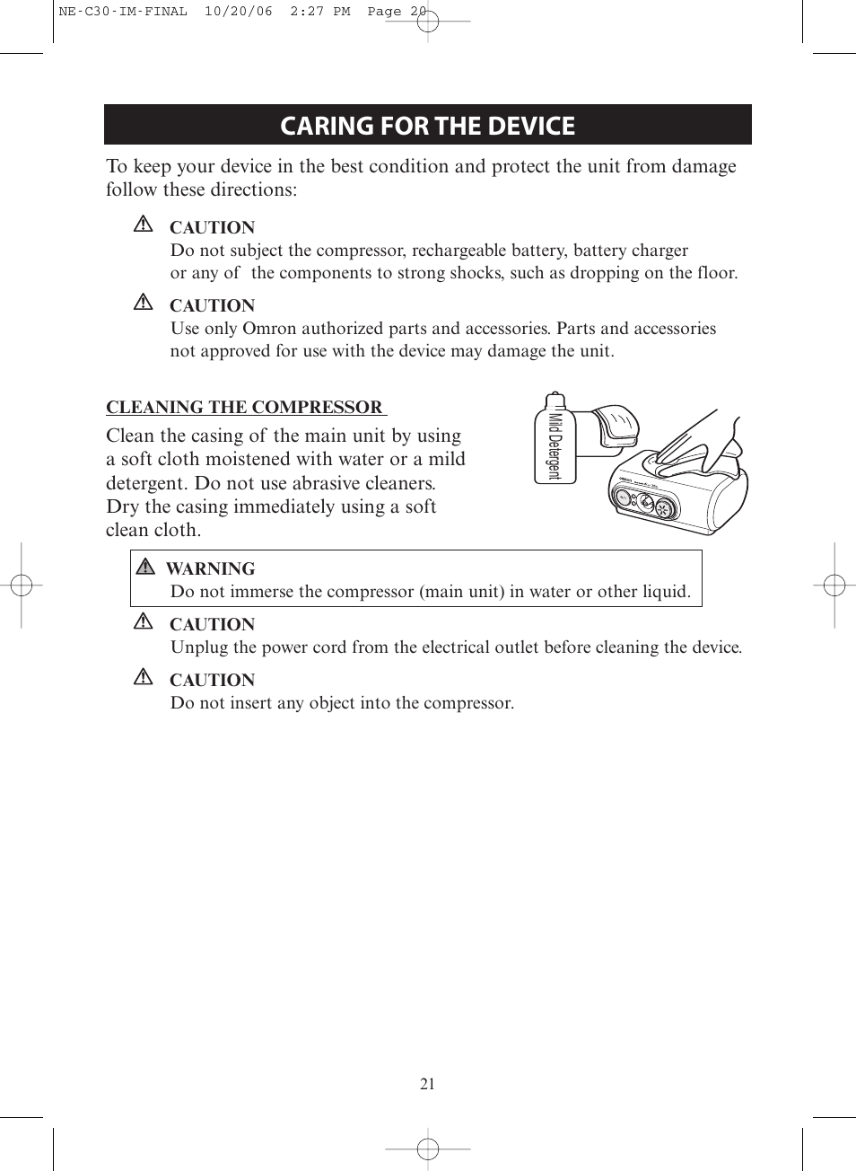 Caring for the device | Activeforever Omron CompAir Elite Portable Compressor Nebulizer NE-C30 User Manual | Page 21 / 26