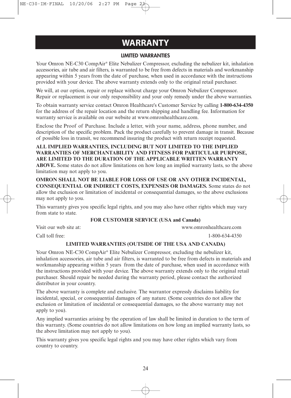 Warranty | Activeforever Omron CompAir Elite Portable Compressor Nebulizer NE-C30 User Manual | Page 24 / 26