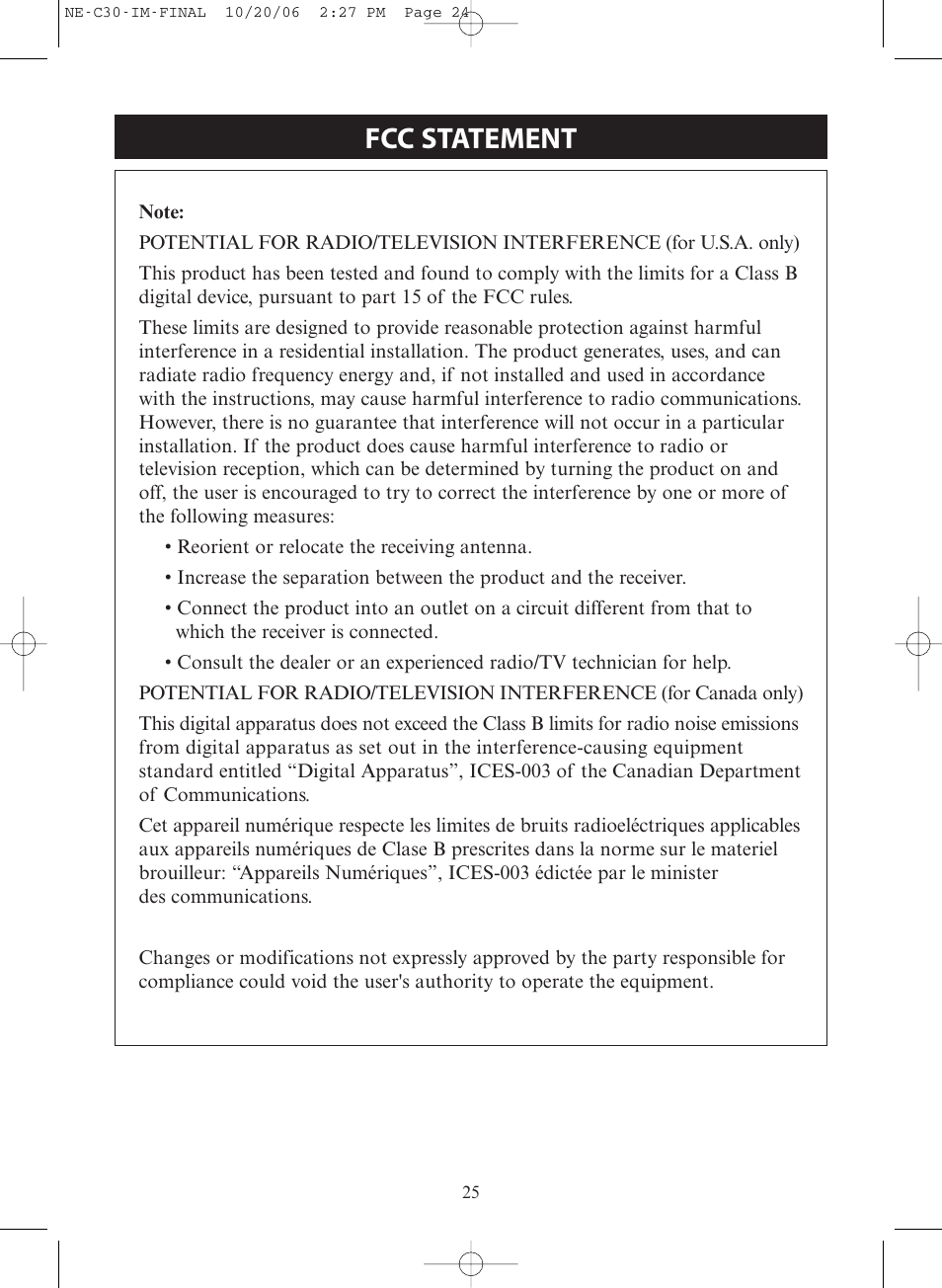 Fcc statement | Activeforever Omron CompAir Elite Portable Compressor Nebulizer NE-C30 User Manual | Page 25 / 26