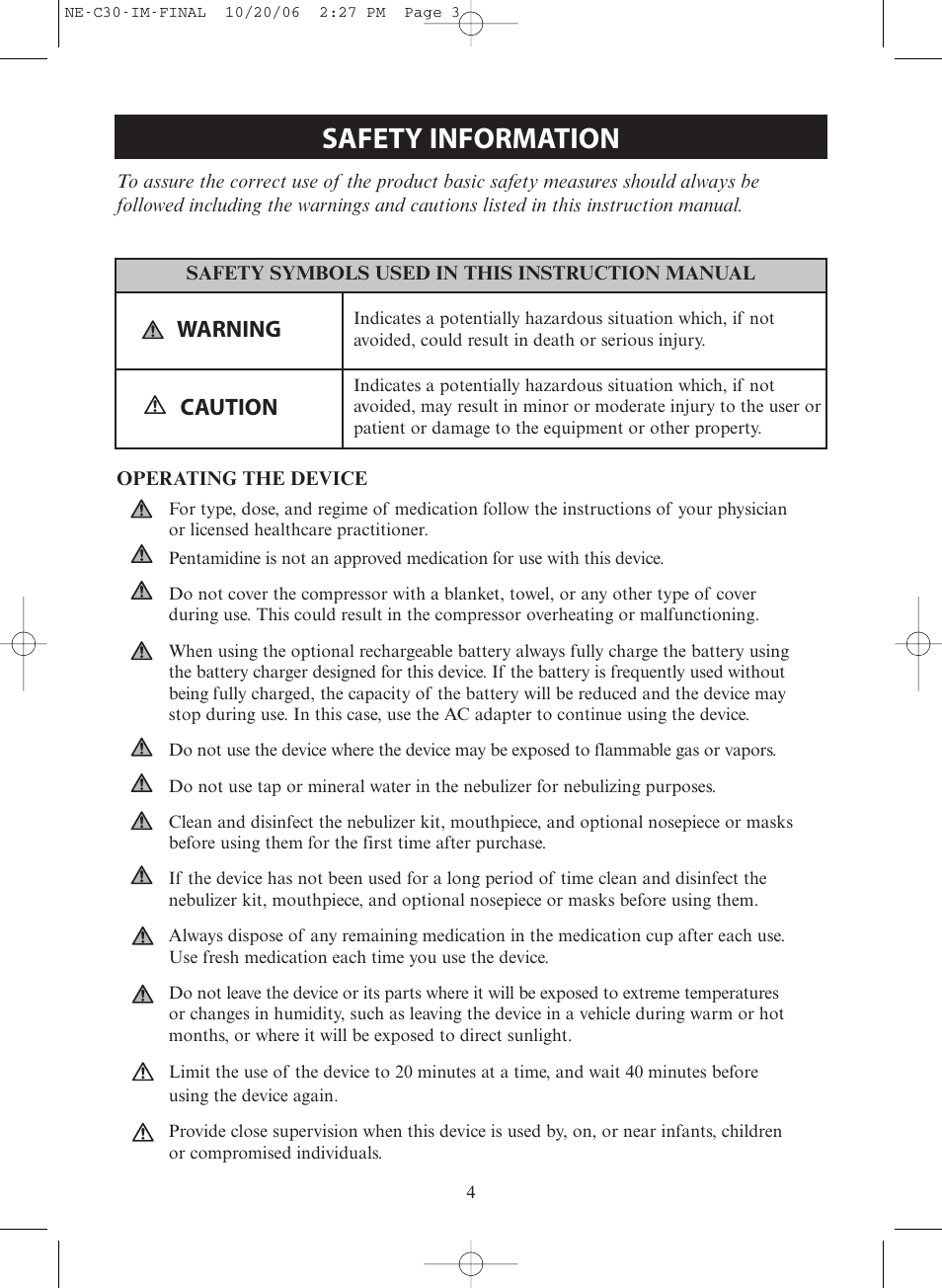 Safety information, Warning, Caution | Activeforever Omron CompAir Elite Portable Compressor Nebulizer NE-C30 User Manual | Page 4 / 26