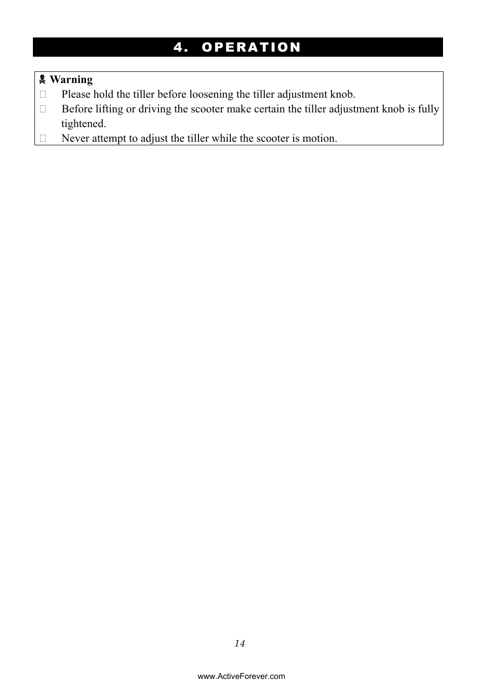 Operation | Activeforever Phoenix S35010 Power Mobility Scooter (3 Wheel) User Manual | Page 14 / 29
