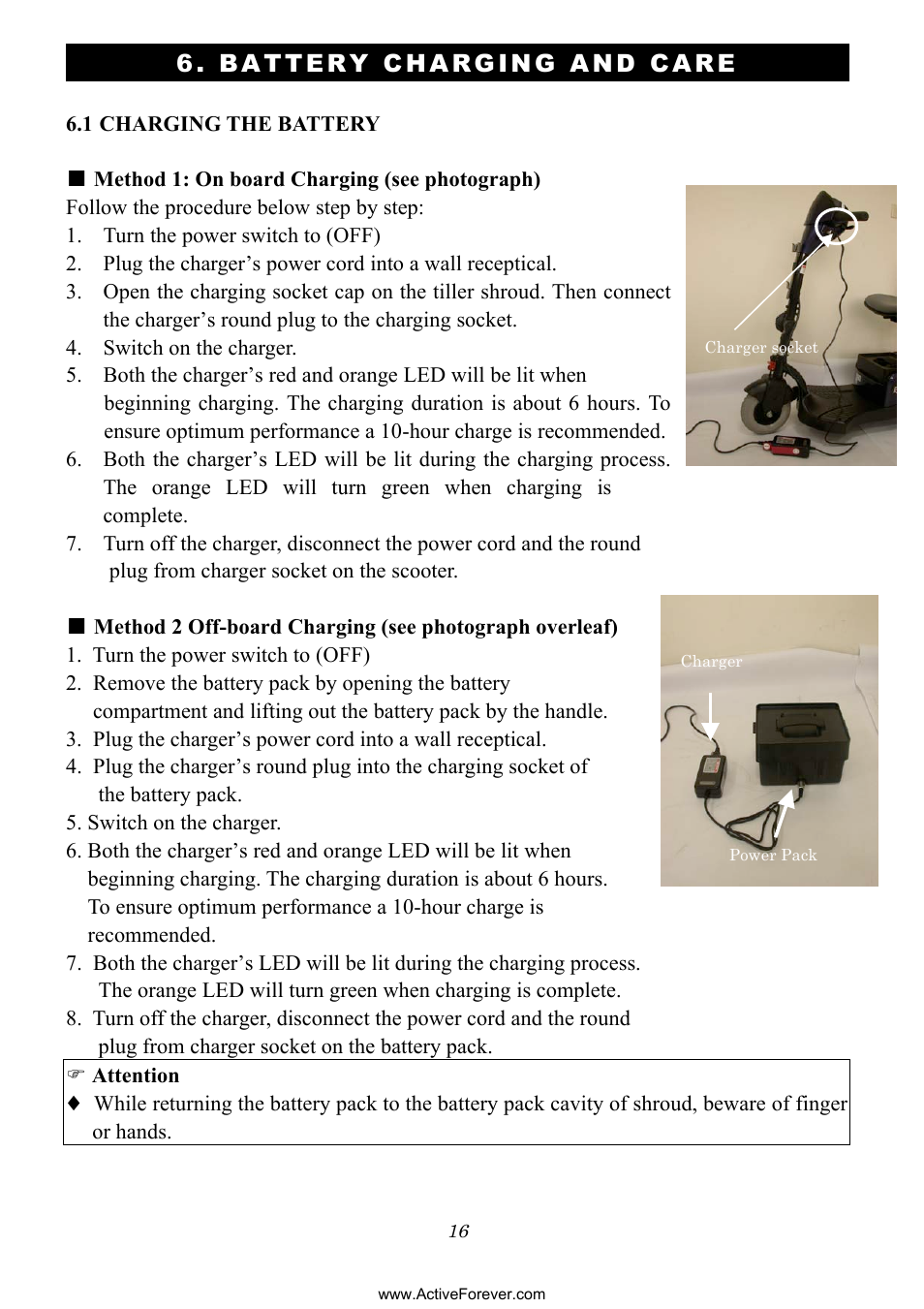 Battery charging and care | Activeforever Phoenix S35010 Power Mobility Scooter (3 Wheel) User Manual | Page 16 / 29