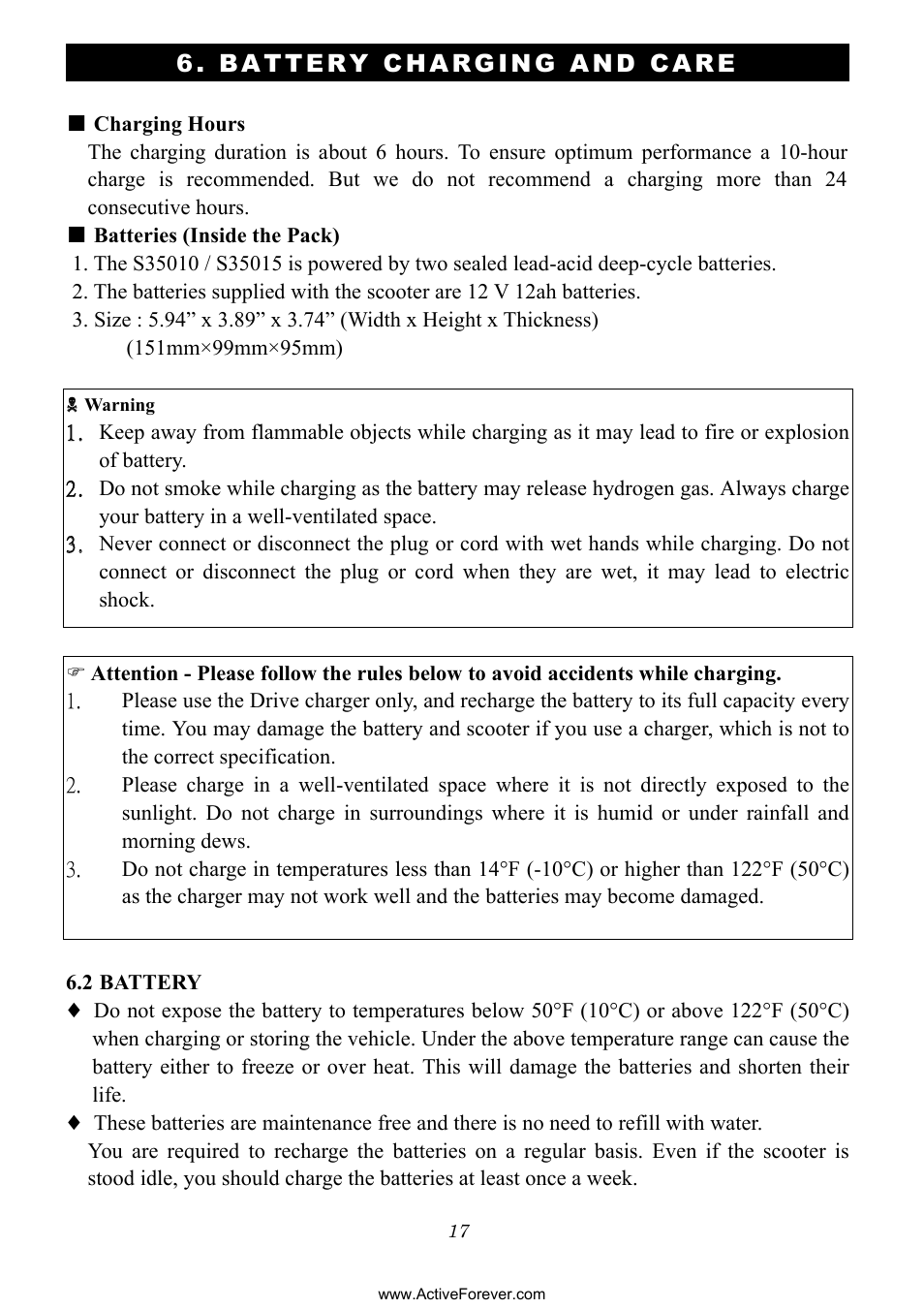 Battery charging and care | Activeforever Phoenix S35010 Power Mobility Scooter (3 Wheel) User Manual | Page 17 / 29