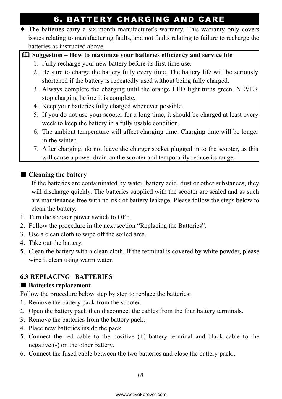 Battery charging and care | Activeforever Phoenix S35010 Power Mobility Scooter (3 Wheel) User Manual | Page 18 / 29