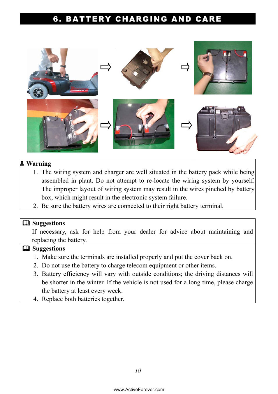 Battery charging and care | Activeforever Phoenix S35010 Power Mobility Scooter (3 Wheel) User Manual | Page 19 / 29