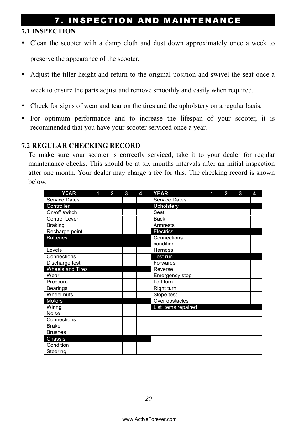 Inspection and m aintenance | Activeforever Phoenix S35010 Power Mobility Scooter (3 Wheel) User Manual | Page 20 / 29