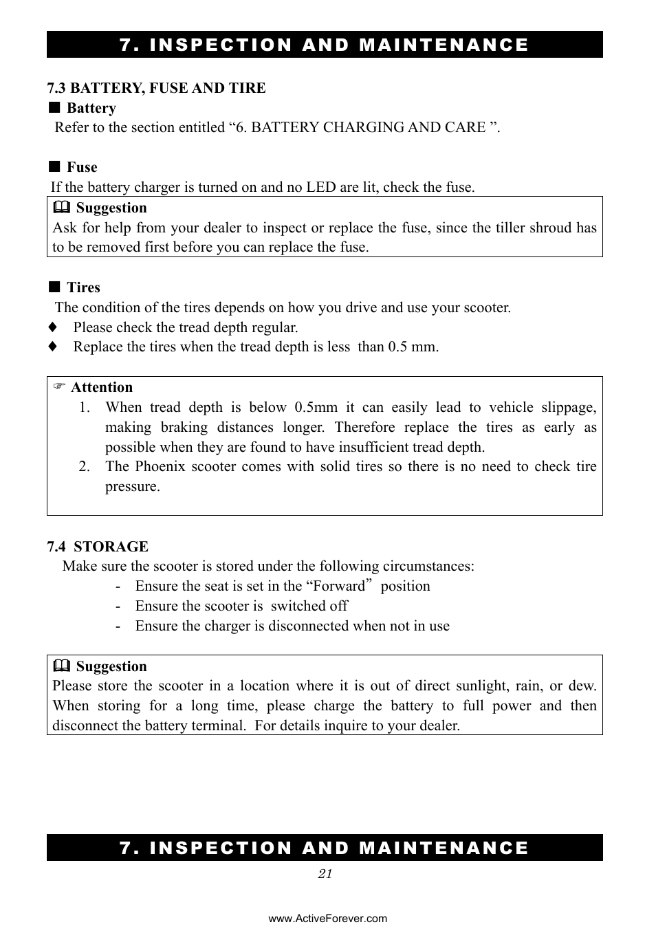 Inspection and m aintenance | Activeforever Phoenix S35010 Power Mobility Scooter (3 Wheel) User Manual | Page 21 / 29