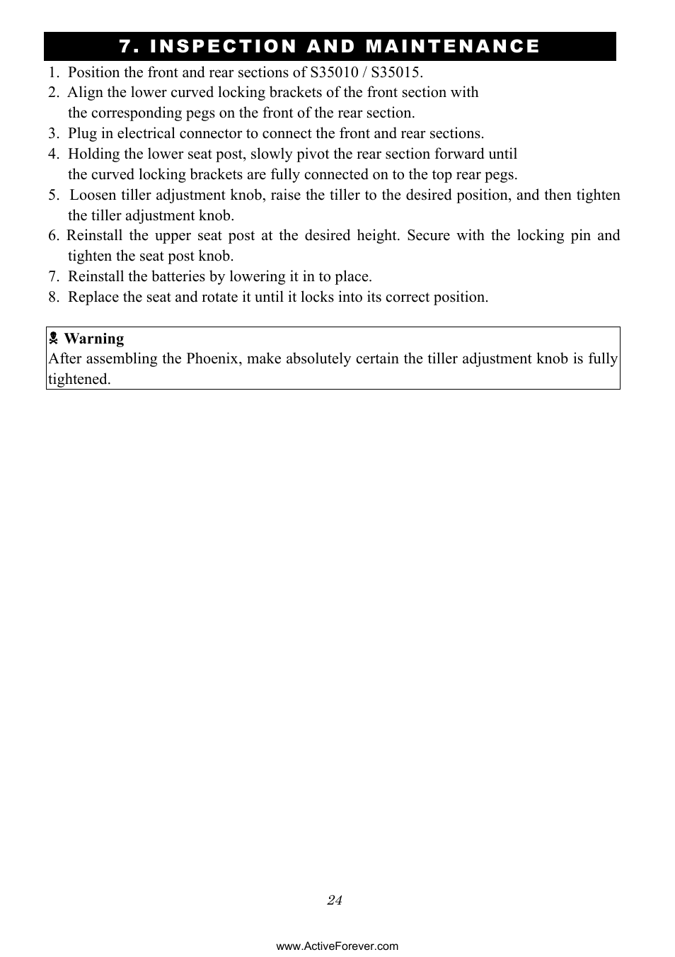 Inspection and m aintenance | Activeforever Phoenix S35010 Power Mobility Scooter (3 Wheel) User Manual | Page 24 / 29