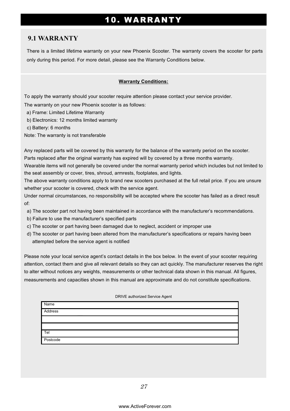 W arranty, 1 warranty | Activeforever Phoenix S35010 Power Mobility Scooter (3 Wheel) User Manual | Page 27 / 29