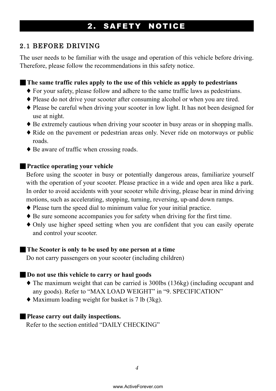 Safety notice | Activeforever Phoenix S35010 Power Mobility Scooter (3 Wheel) User Manual | Page 4 / 29