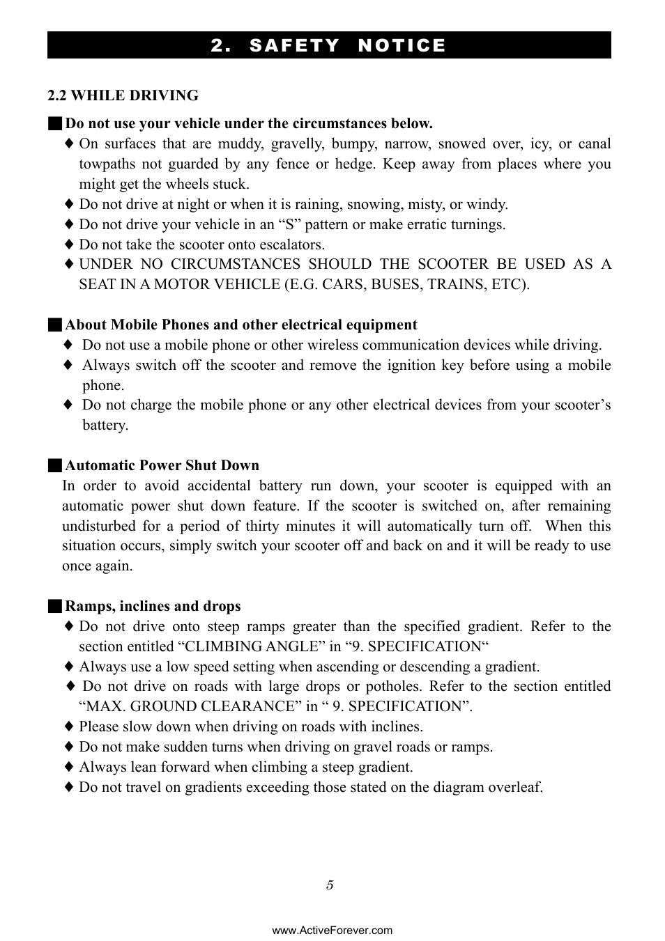 Safety notice | Activeforever Phoenix S35010 Power Mobility Scooter (3 Wheel) User Manual | Page 5 / 29
