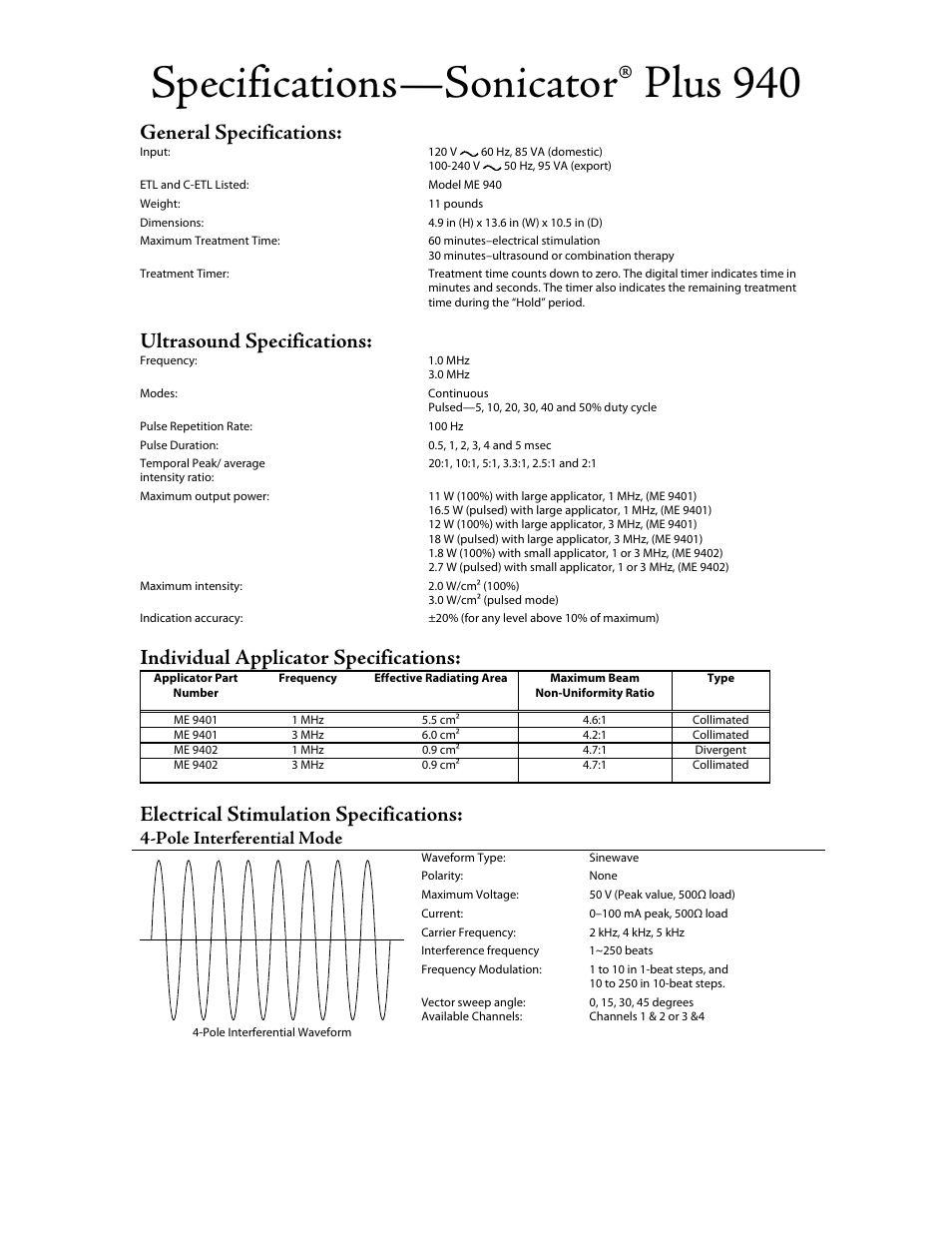 Activeforever Mettler Sonicator Plus 940 4-Channel Combination Therapy Device User Manual | 3 pages