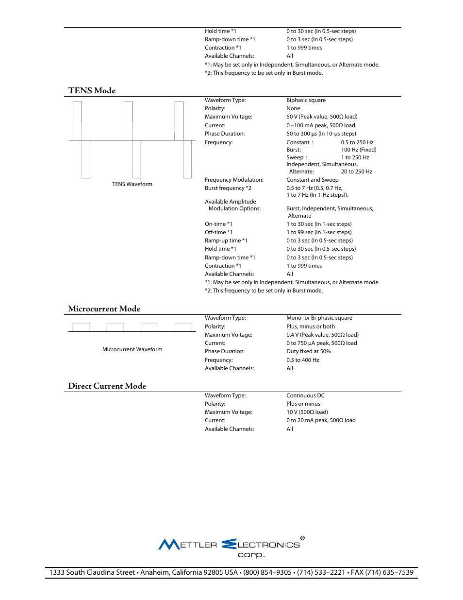 Tens mode, Microcurrent mode, Direct current mode | Activeforever Mettler Sonicator Plus 940 4-Channel Combination Therapy Device User Manual | Page 3 / 3