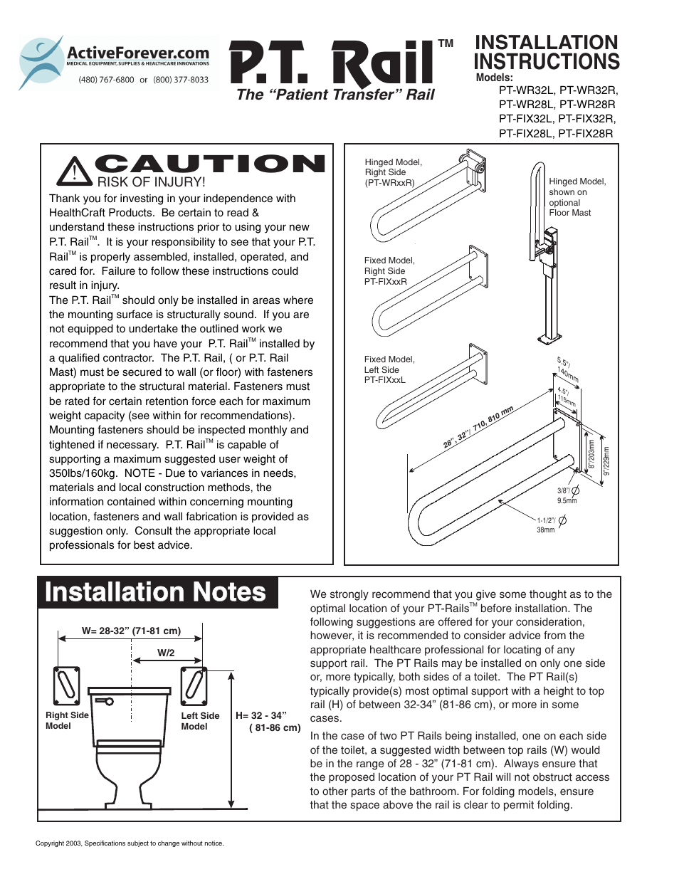 Activeforever HealthCraft PT Rail for Bathroom Safety User Manual | 3 pages