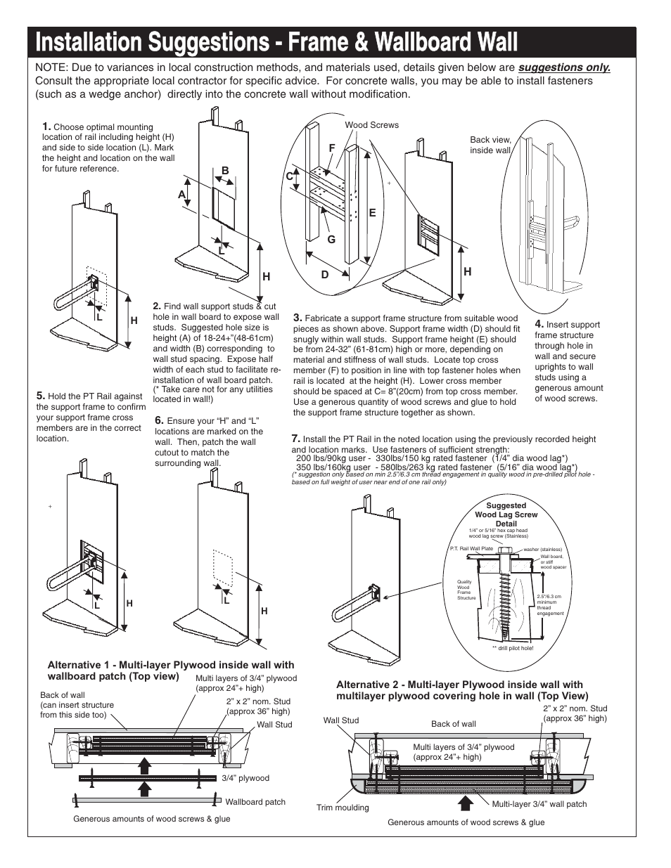 Installation suggestions - frame & wallboard wall | Activeforever HealthCraft PT Rail for Bathroom Safety User Manual | Page 3 / 3