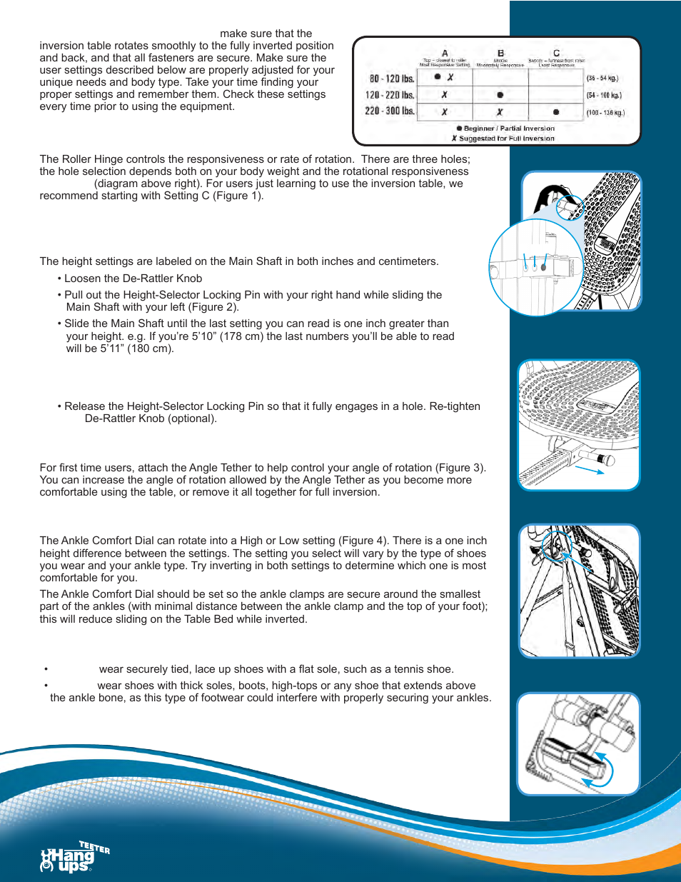 Before you invert, Roller hinge: find your setting, Height setting: adjust the main shaft | Angle tether: adjust to desired angle, Ankle comfort dial: find your setting, Prepare to mount | Activeforever Teeter Hang Ups EP-550 Inversion Table User Manual | Page 2 / 4
