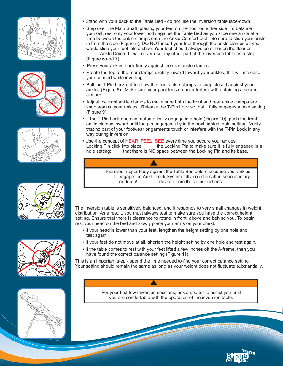 Securing your ankles, Test your balance setting, Warning | Activeforever Teeter Hang Ups EP-550 Inversion Table User Manual | Page 3 / 4