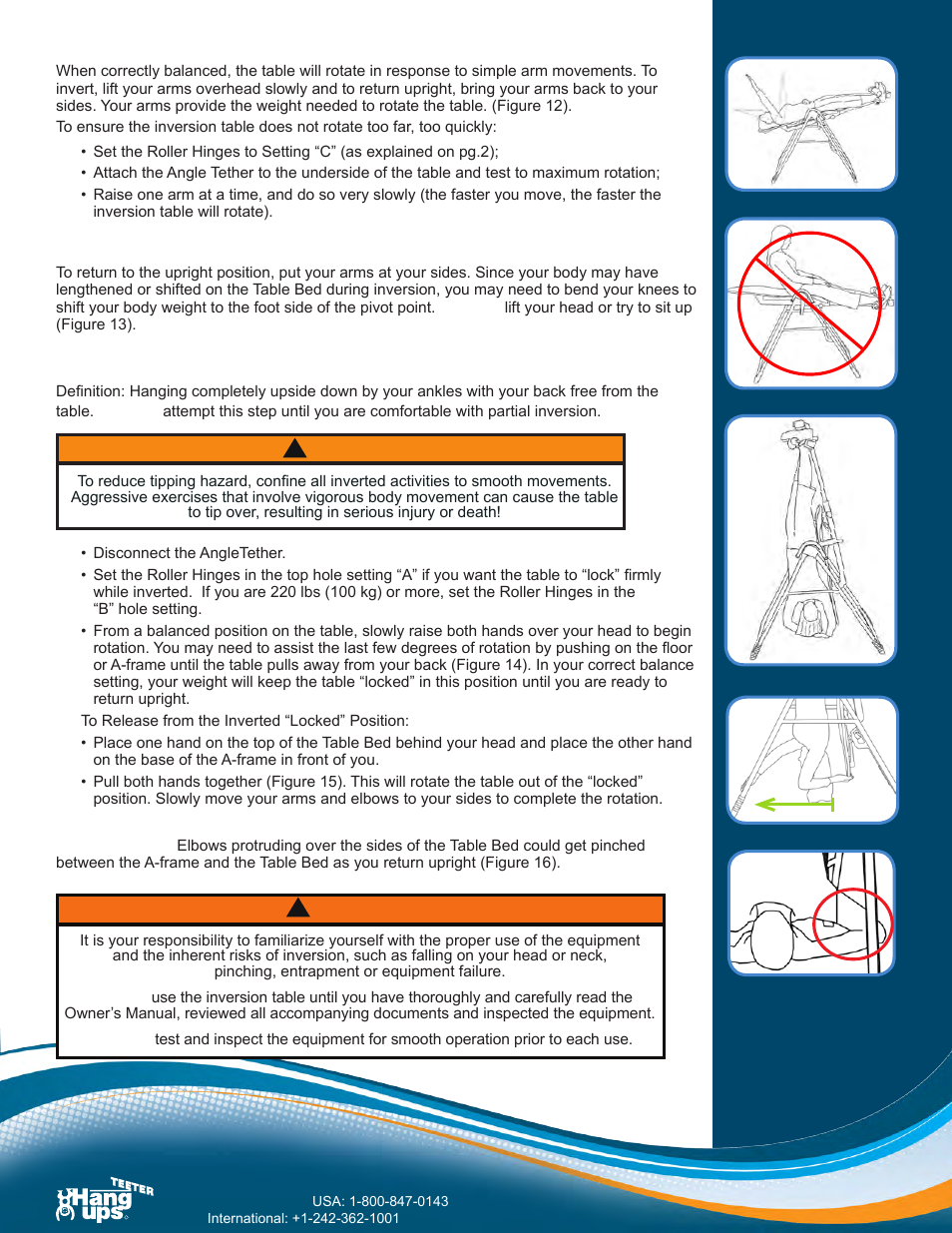 Inverting, Returning upright, Full inversion | Warning | Activeforever Teeter Hang Ups EP-550 Inversion Table User Manual | Page 4 / 4