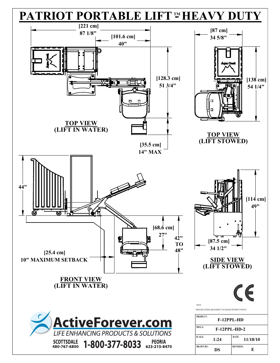 Patriot portable lift - heavy duty, Top view (lift in water), Top view (lift stowed) front view (lift in water) | Side view (lift stowed) | Activeforever Patriot ADA Compliant Portable Pool Lift User Manual | Page 2 / 2