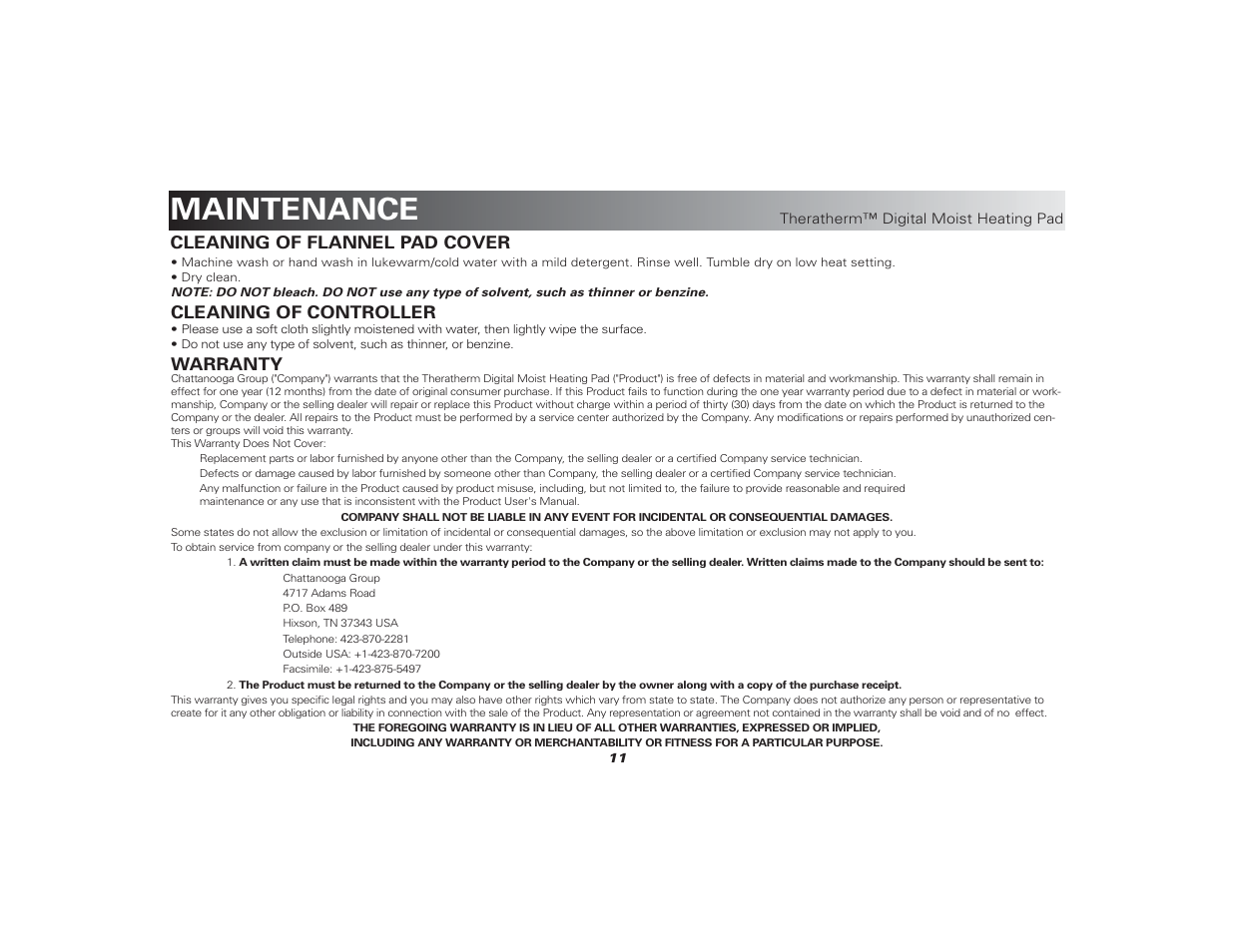 Theratherm_heating_pad_user_manual 11, Maintenance, Cleaning of flannel pad cover warranty | Cleaning of controller | Activeforever Theratherm Digital Moist Heating Pad User Manual | Page 11 / 11