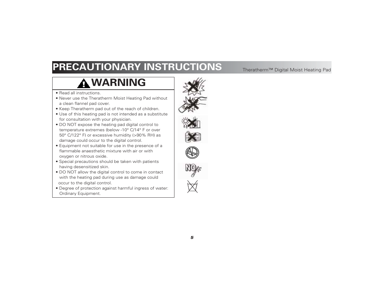 Theratherm_heating_pad_user_manual 5, Warning, Precautionary instructions | Activeforever Theratherm Digital Moist Heating Pad User Manual | Page 5 / 11