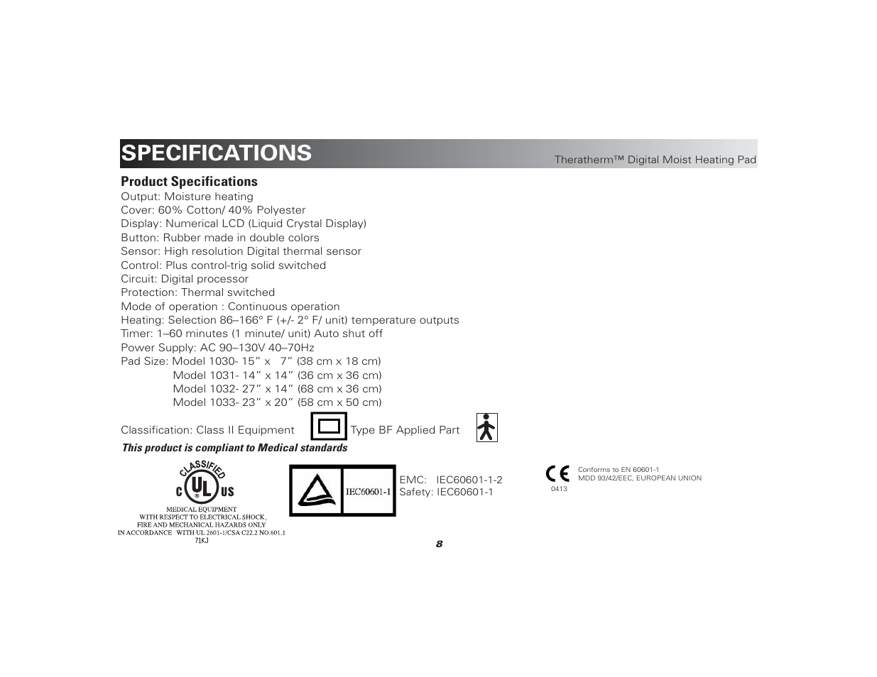 Theratherm_heating_pad_user_manual 8, Specifications | Activeforever Theratherm Digital Moist Heating Pad User Manual | Page 8 / 11