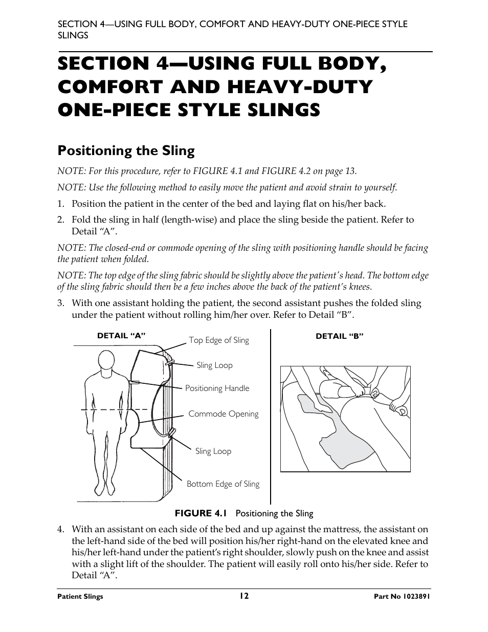 Section 4—using full body, comfort and heavy-duty, One-piece style slings, Positioning the sling | Activeforever Invacare Standard Patient Lift Sling User Manual | Page 12 / 24