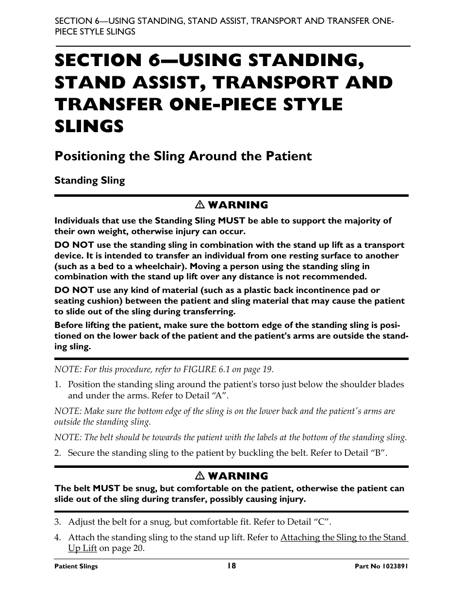 Transfer one-piece style slings, Positioning the sling around the patient, Standing sling | Activeforever Invacare Standard Patient Lift Sling User Manual | Page 18 / 24