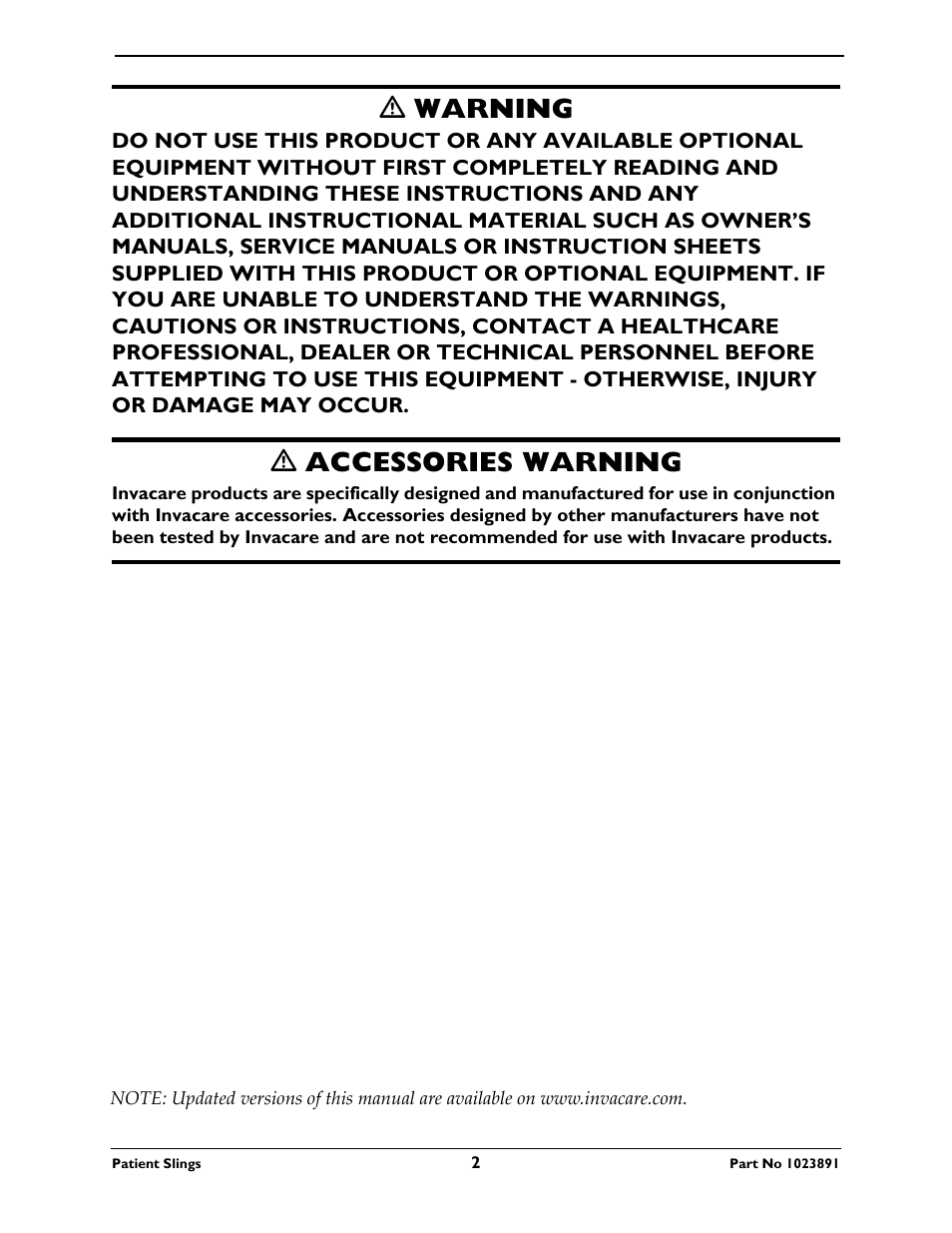 Ƽ warning, Ƽ accessories warning | Activeforever Invacare Standard Patient Lift Sling User Manual | Page 2 / 24