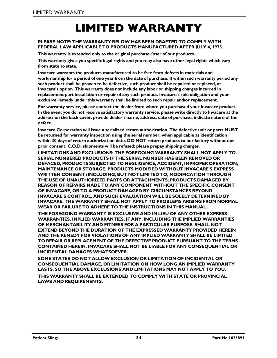 Limited warranty | Activeforever Invacare Standard Patient Lift Sling User Manual | Page 24 / 24