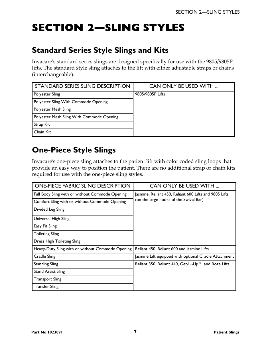 Section 2—sling styles, Standard series style slings and kits, One-piece style slings | Activeforever Invacare Standard Patient Lift Sling User Manual | Page 7 / 24