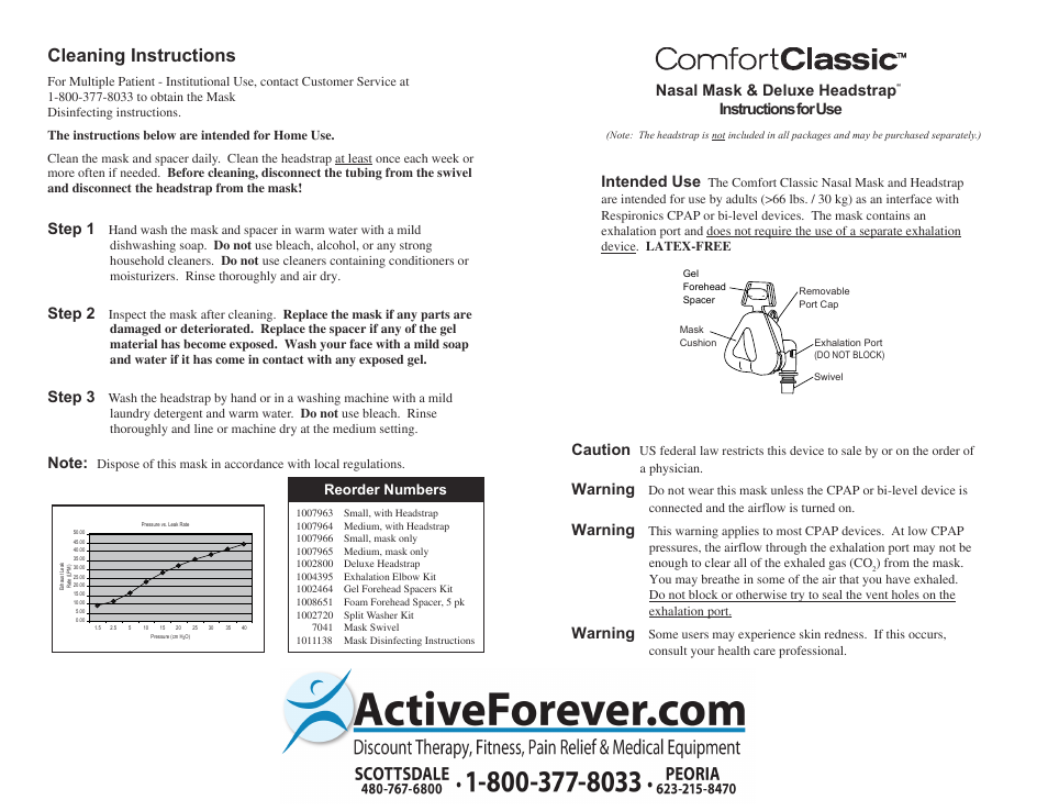 Activeforever Respironics Comfort Classic CPAP Mask with Headgear User Manual | 2 pages
