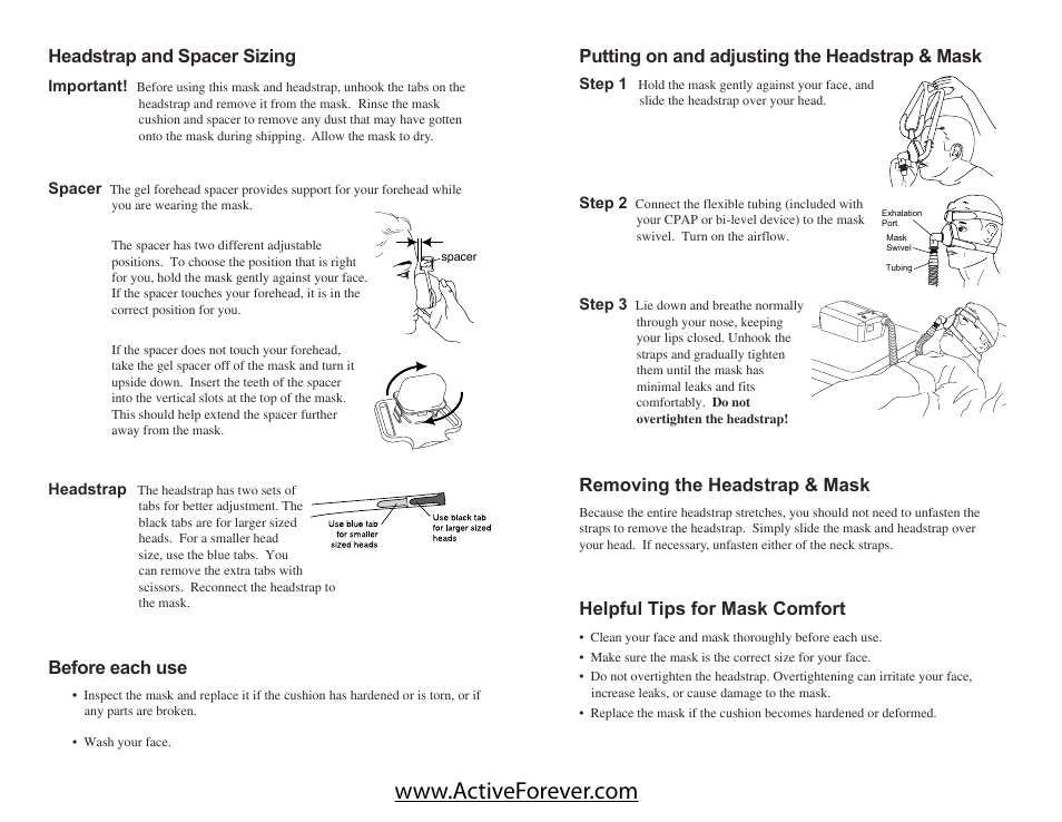Putting on and adjusting the headstrap & mask, Removing the headstrap & mask, Helpful tips for mask comfort | Headstrap and spacer sizing, Before each use | Activeforever Respironics Comfort Classic CPAP Mask with Headgear User Manual | Page 2 / 2