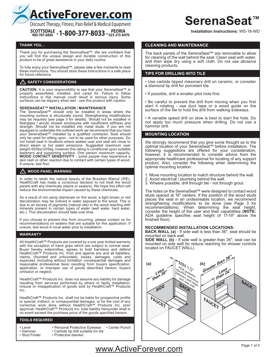 Activeforever Invisia Collection Serena Seat Brazilian Walnut Wall Mount Shower Seat User Manual | 4 pages