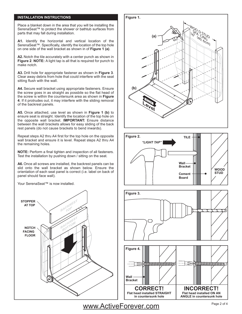 Incorrect, Correct, Level | Activeforever Invisia Collection Serena Seat Brazilian Walnut Wall Mount Shower Seat User Manual | Page 2 / 4