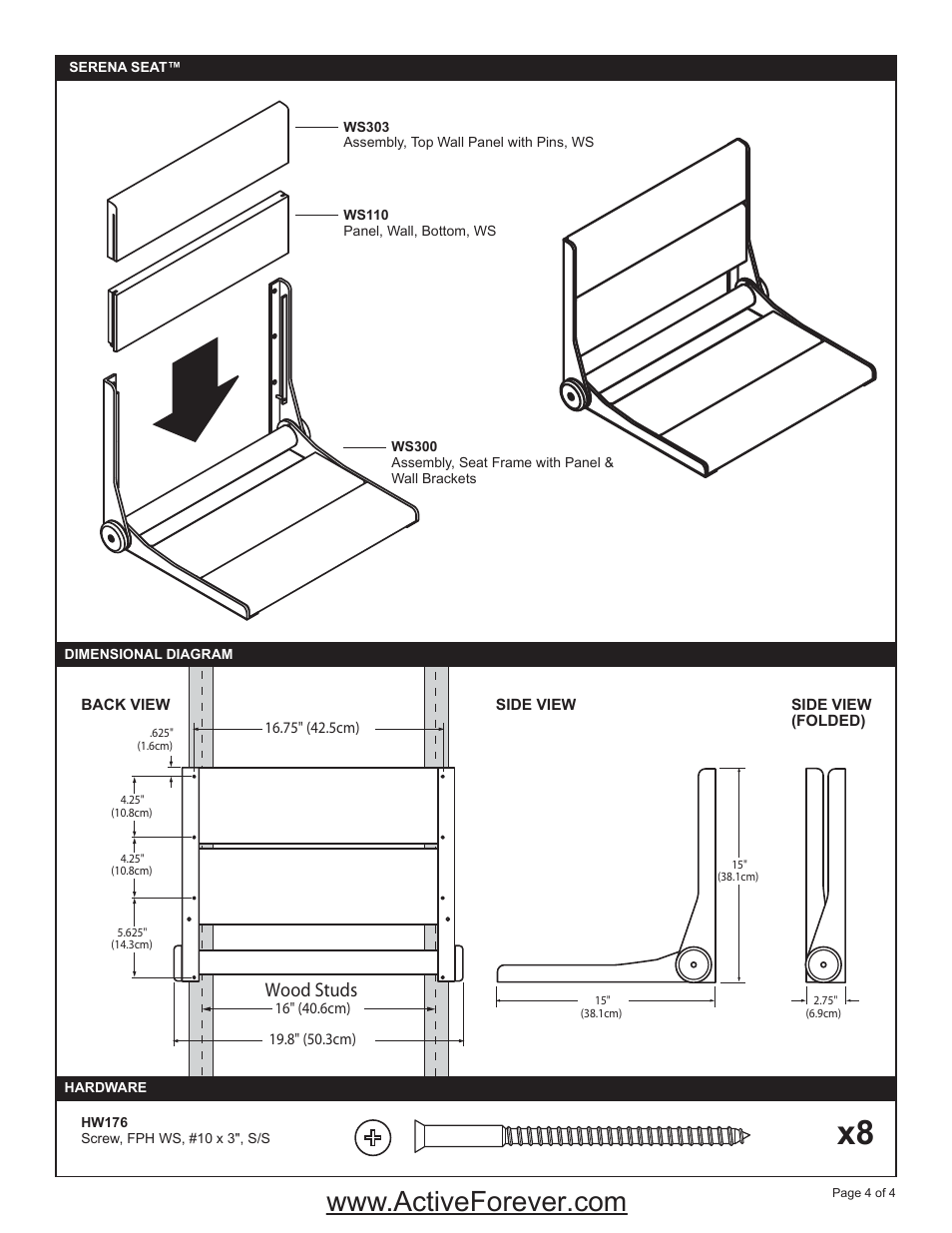 Wood studs | Activeforever Invisia Collection Serena Seat Brazilian Walnut Wall Mount Shower Seat User Manual | Page 4 / 4